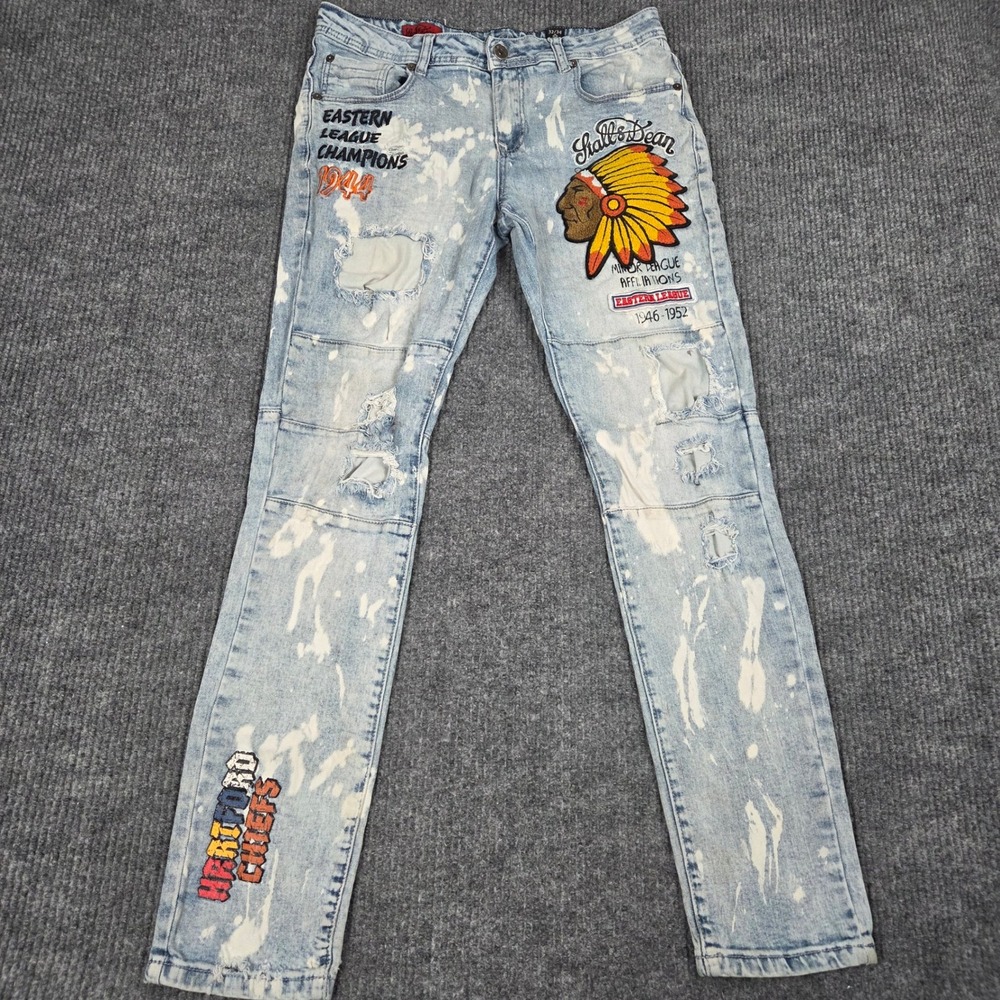 Shaka Wear Mens Distressed Bleached Baseball Patch Jeans Hartford Chiefs Blue 31